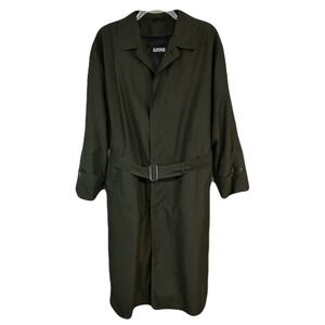 Vtg Kasper Mens Trench Coat 48L Wool Zip Out Liner Belted Green USA 90s Career